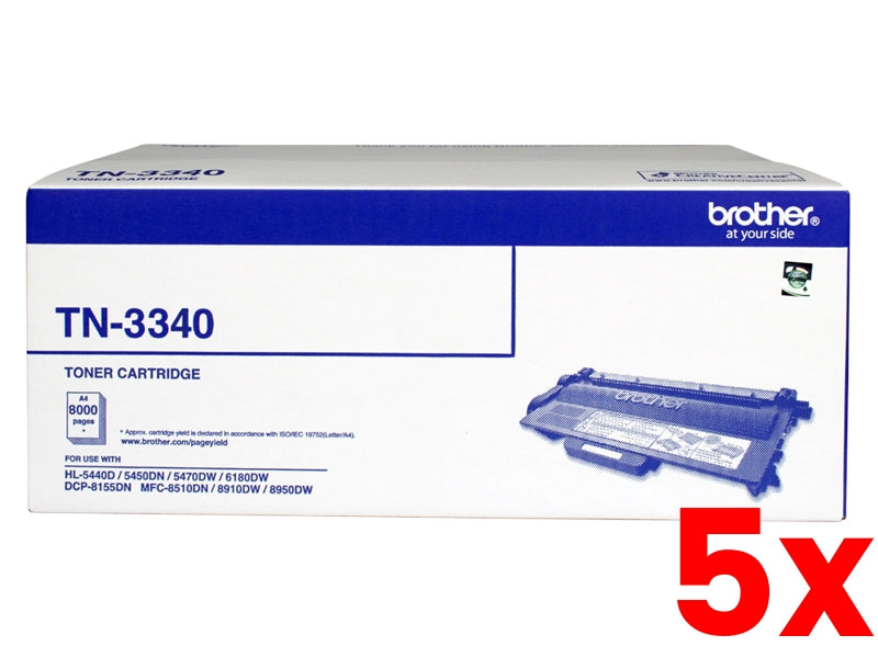 5 X Genuine Brother TN3340 Toner Cartridge 8K Print Yield