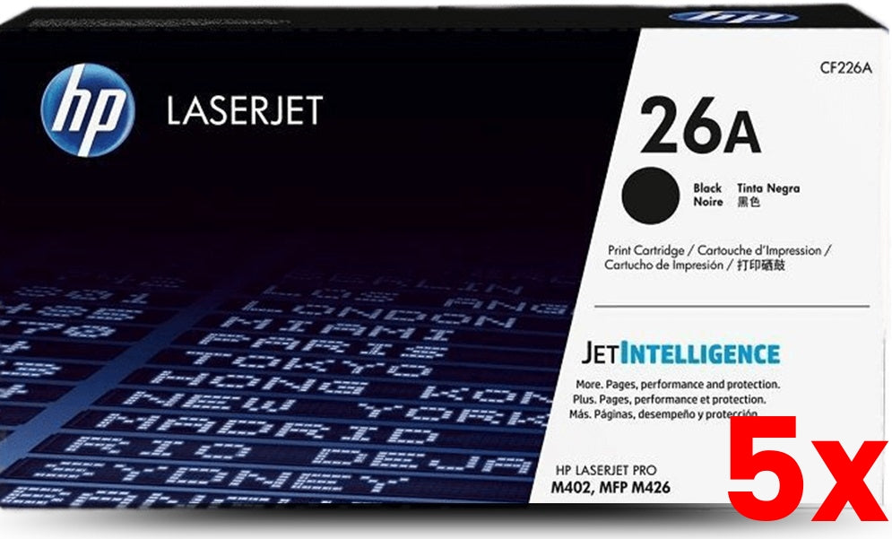 5 X Genuine HP 26A CF226A Black Toner Cartridge 3,100 Page