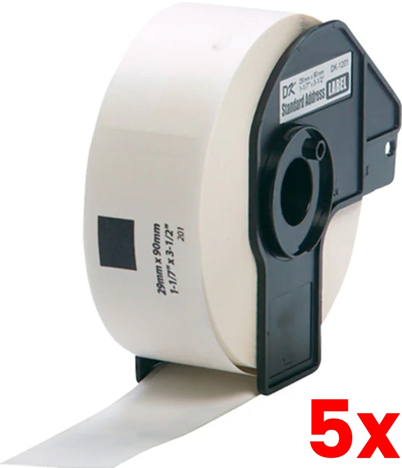 5 X Brother DK-11201 Black Text on White Thermal Die-Cut White Standard Address Label Roll Compatible 400/Roll 29mm x 90m