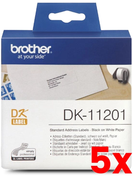 5 X Brother DK-11201 Black Text on White Thermal Die-Cut White Standard Address Label Roll 400/Roll 29mm x 90mm