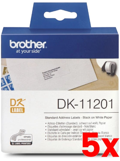 5 X Brother DK-11201 Black Text on White Thermal Die-Cut White Standard Address Label Roll 400/Roll 29mm x 90mm