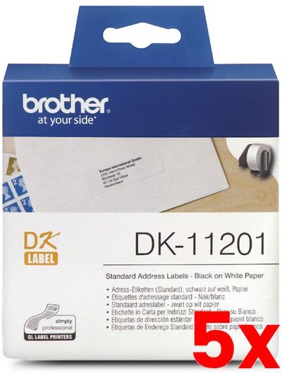 5 X Brother DK-11201 Black Text on White Thermal Die-Cut White Standard Address Label Roll 400/Roll 29mm x 90m
