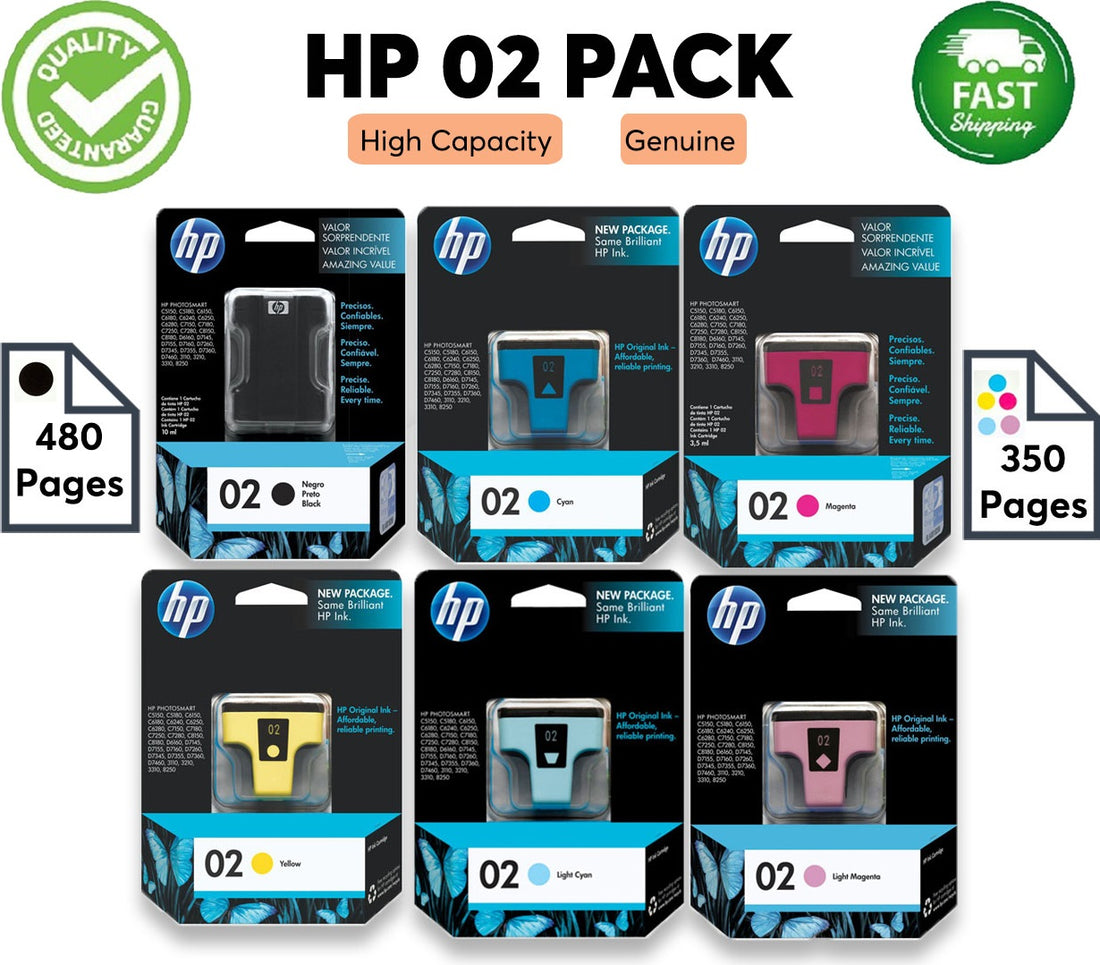 Genuine 6 Pack HP 02 C8721WA-C8775WA Ink Cartridges [1BK,1C,1M,1Y,1LC,1LM]