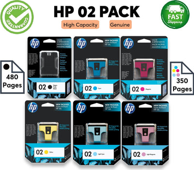 Genuine 6 Pack HP 02 C8721WA-C8775WA Ink Cartridges [1BK,1C,1M,1Y,1LC,1LM]
