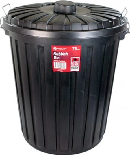 75L Redback Rubbish Bin With Lid - Black - 58H x 50W x 50L (cm)