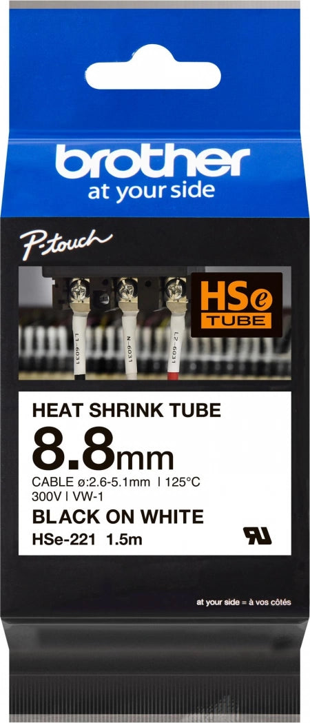 Genuine Brother HSe-221 Labelling Tape Black Text on White Heat Shrink Tube 9mm x 1.5m