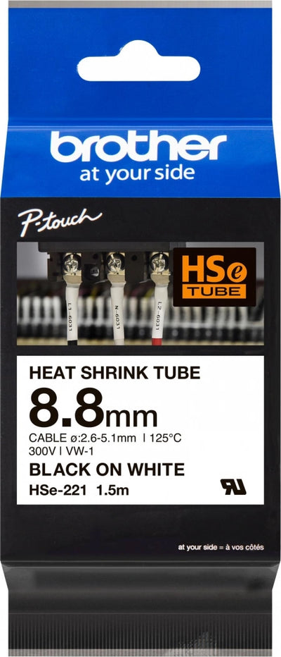 Genuine Brother HSe-221 Labelling Tape Black Text on White Heat Shrink Tube 9mm x 1.5m