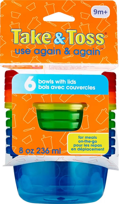 Take & Toss Bowls with Lids - 236ml, Pack of 6 (Assorted Colors), 9 months+