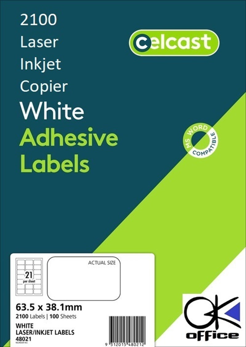 LABELS CELCAST 21UP 63.5X38.1MM LASER/INKJET WHITE PK100