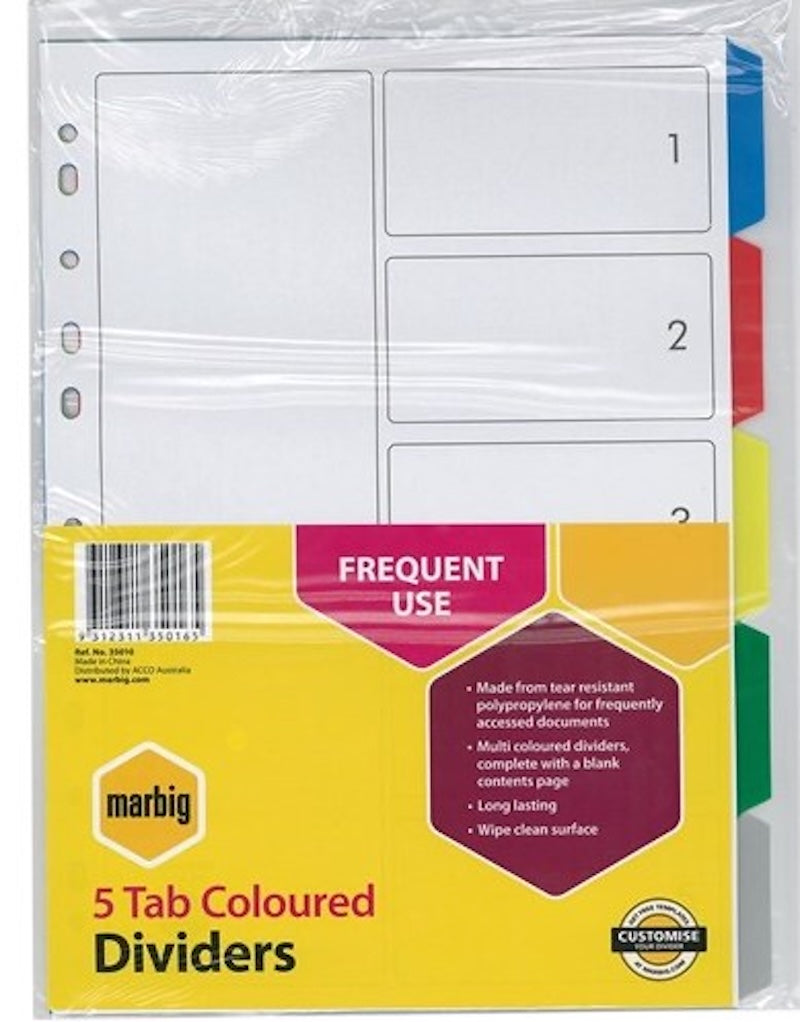 Marbig Dividers A4 Polypropylene 5 Tab Multi-Colour
