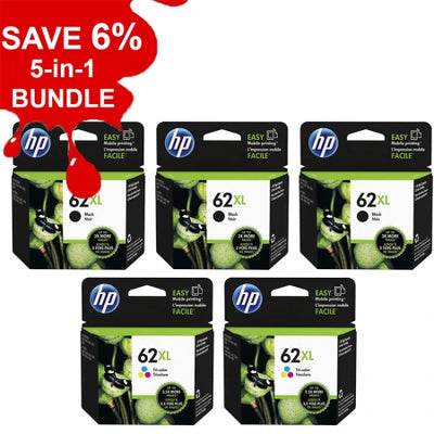 Genuine 5 Pack HP 62XL C2P05AA-C2P07AA Ink Cartridges  [3BK,2CLR]