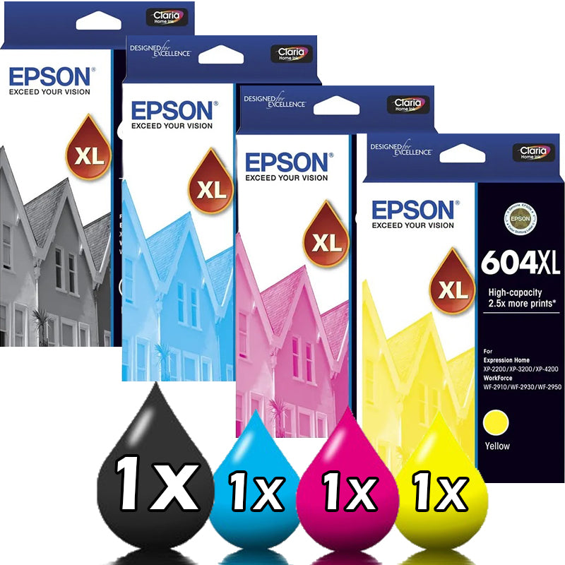 Genuine 4 Pack Epson 604XL Inkjet Cartridges Value Pack C13T10H192 -C13T10H492 [1BK, 1C, 1M, 1Y]