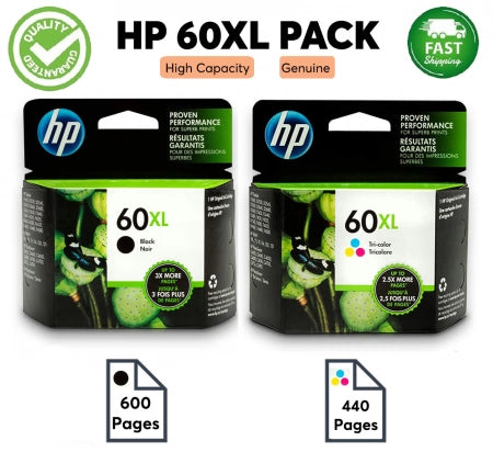 Genuine 2 Pack HP 60XL CC641WA-CC644WA Ink Cartridges [1BK,1CLR]