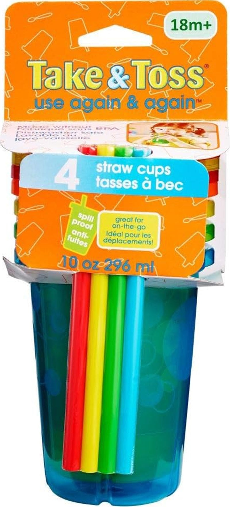 Take & Toss Straw Sipper Cups with Lids - Pack of 4 (Assorted Colors), 18m+