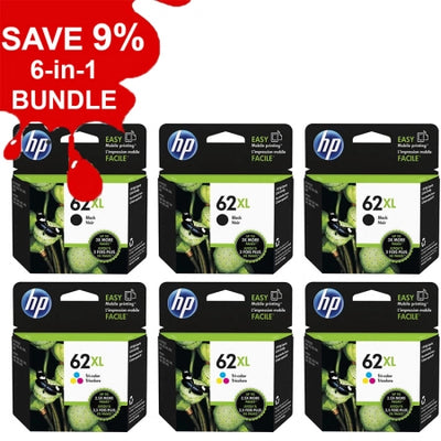 Genuine 6 Pack HP 62XL C2P05AA-C2P07AA Ink Cartridges  [3BK,3CLR]