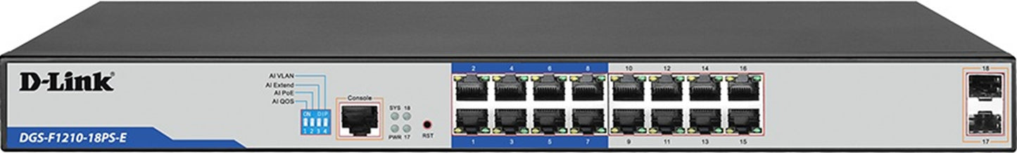 D-Link 18-Port Gigabit Smart Managed PoE+ Switch with 16 PoE+ Ports (8 Long Reach 250m) DGS-F1210-18PS-E