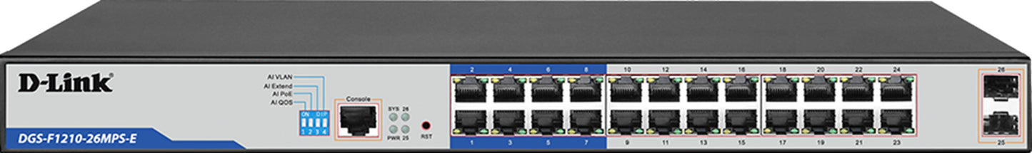D-Link 26-Port Gigabit Smart Managed PoE+ Switch with 24 PoE+ Ports (8 Long Reach 250m) and 2 SFP Ports DGS-F1210-26MPS-E