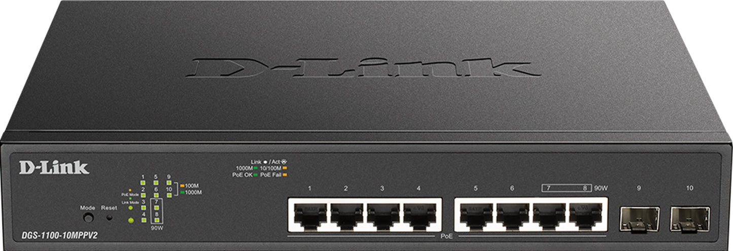 D-Link 10-Port Gigabit Smart Managed PoE++ Switch with 8 PoE and 2 SFP ports (242W PoE budget) DGS-1100-10MPPV2