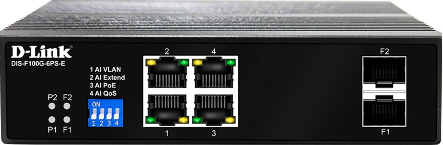 D-Link 6-Port Gigabit Industrial PoE+ Switch with 4 PoE ports and 2 SFP ports DIS-F100G-6PS-E