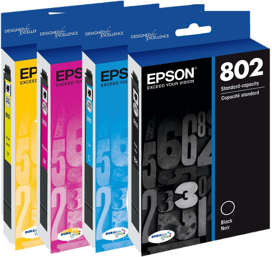 Genuine 4 Pack Epson 802 Standard Yield Ink Cartridges C13T355192-C13T355492 [1BK,1C,1M,1Y]
