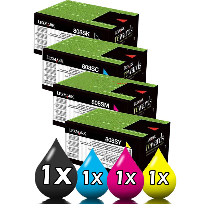 Genuine 4 Pack Lexmark 808S Standard Yield Toner Cartridges Value Pack [1BK, 1C, 1M, 1Y]
