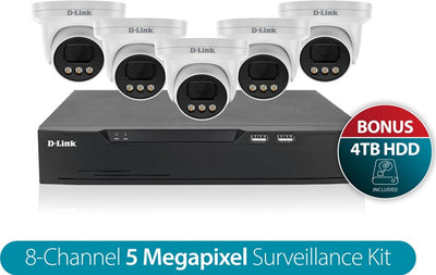 D-Link Vigilance Surveillance Kit with 8CH NVR and Five 5MP Turret Cameras (4TB HDD included) DNR8P-5MP-4TB