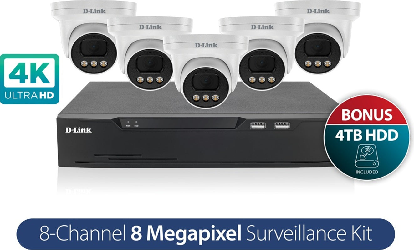 D-Link Vigilance Surveillance Kit with 8CH NVR and Five 8MP Turret Cameras (4TB HDD included) DNR8P-8MP-4TB