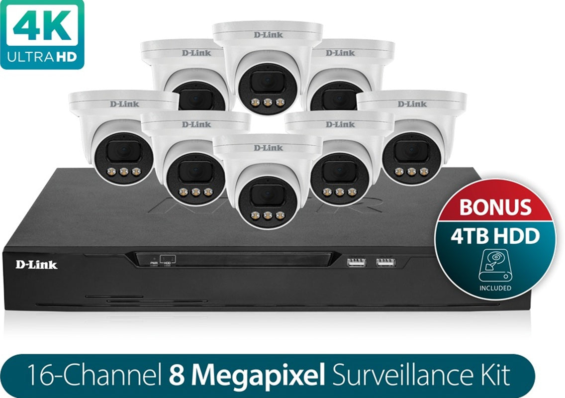 D-Link Vigilance Surveillance Kit with 16CH NVR and Eight 8MP Turret Cameras (4TB HDD included) DNR16P-8MP-4TB