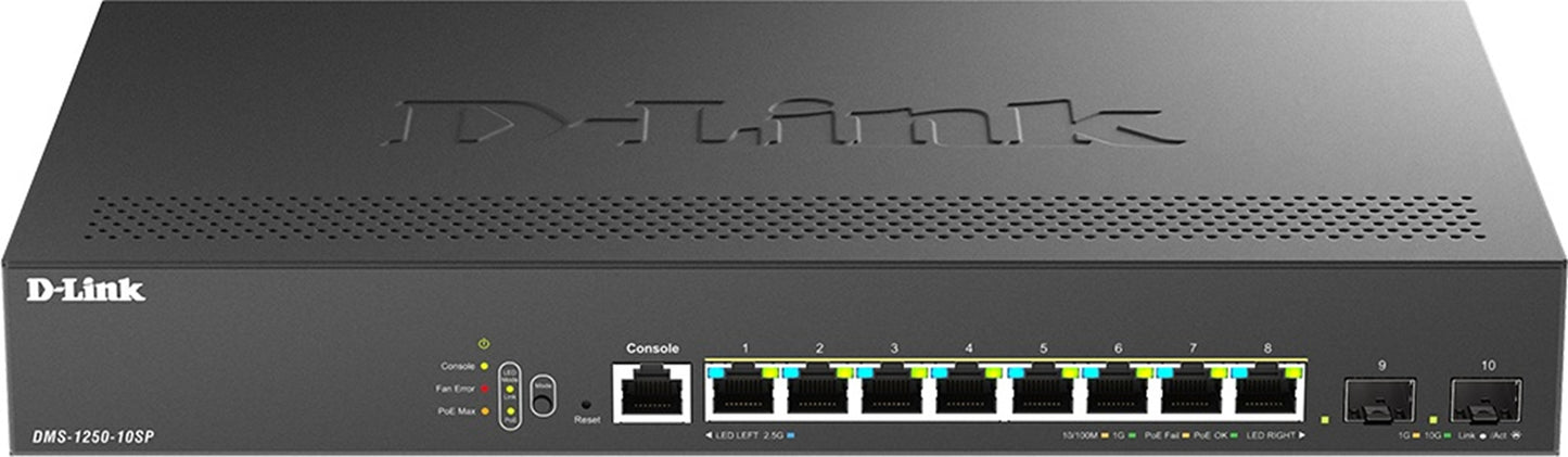 D-Link 10-Port Multi-Gigabit Smart Managed PoE+ Switch with 8 2.5G PoE+ ports and 2 10G SFP+ ports DMS-1250-10SP