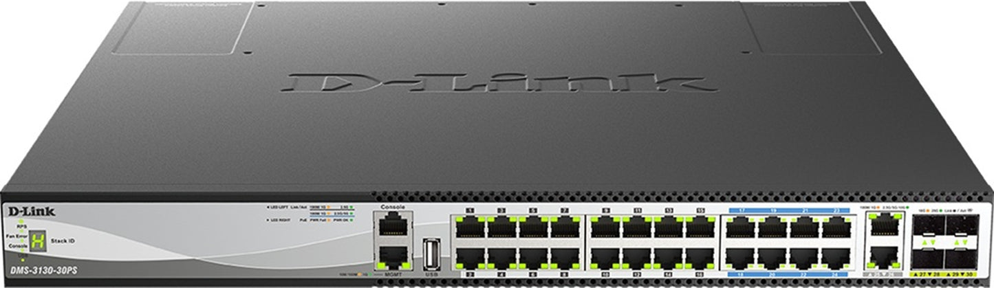 D-Link 30-Port Stackable Multi-Gigabit PoE++ Layer 3 Switch with 16 2.5G PoE+ ports, 8 5G PoE++ ports, 2 10GBASE-T and 4 25G SFP28 ports DMS-3130-30P
