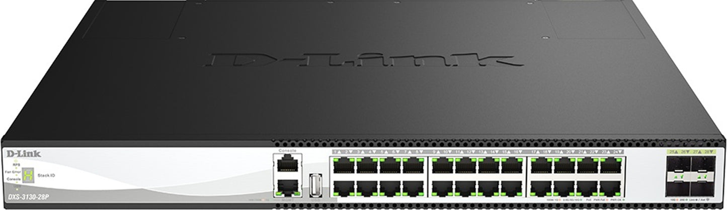 D-Link 28-Port Stackable 10 Gigabit PoE++ Layer 3 Switch with 24 Multi-Gigabit 10G PoE++ ports and 4 25G SFP28 ports DXS-3130-28P