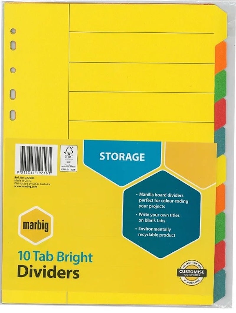 Marbig Dividers A4 Manilla 10 Tab Bright Color