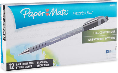 Paper Mate FlexGrip Ultra Black Ballpoint Pens, Fine Point (0.8mm) ~ Box of 12