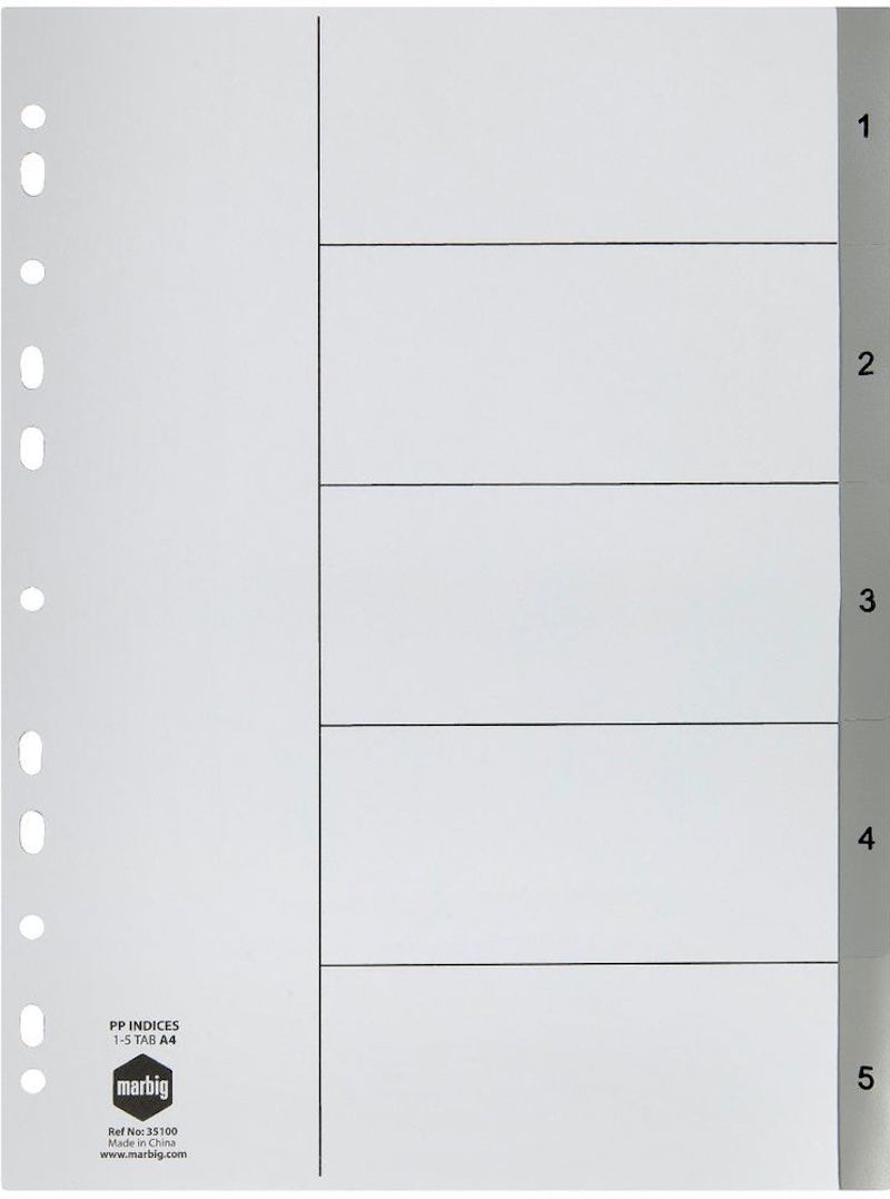 Marbig Dividers A4 Polypropylene 1-5 Tab Grey