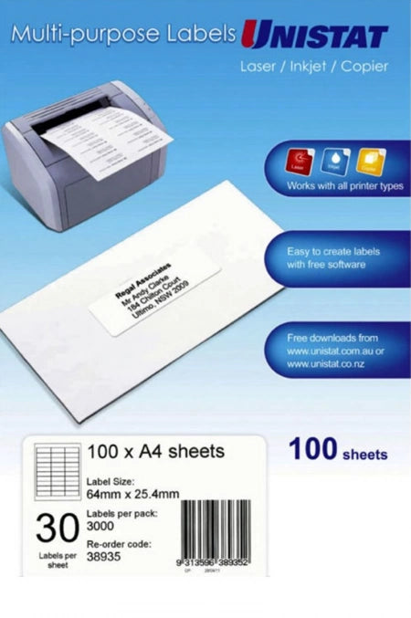 30UP Unistat LIP Label 64 x 25mm Box of 100