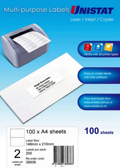 2UP Unistat Multipurpose Label 148 x 210mm Pack-of-100