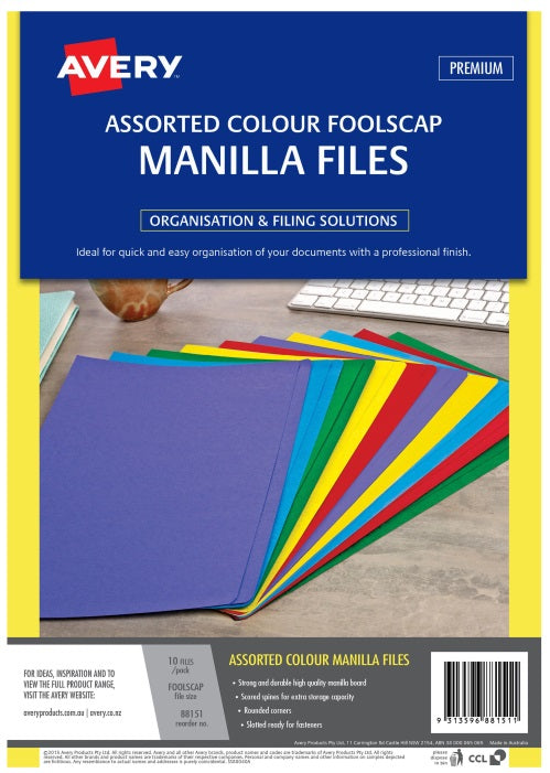 AVERY Assorted colours manilla folder foolscap 186gsm 10/Pack
