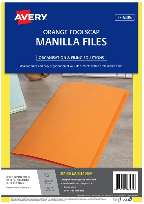 AVERY Orange manilla folder foolscap 186gsm 20/Pack