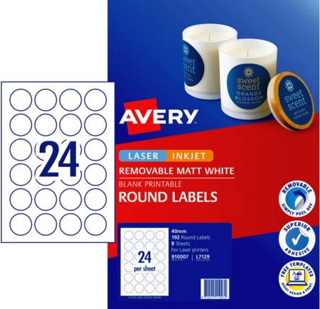 24UP AVERY Matt Round Labels 40mm 192 Labels/8 Sheets L7129