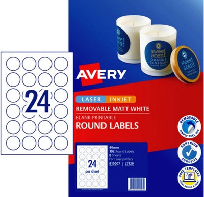 24UP AVERY Matt Round Labels 40mm 192 Labels/8 Sheets L7129