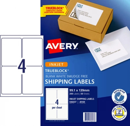 4UP AVERY J8169 White Trueblock Shipping Labels 99.1 x 139mm 200 Labels/50 Sheets