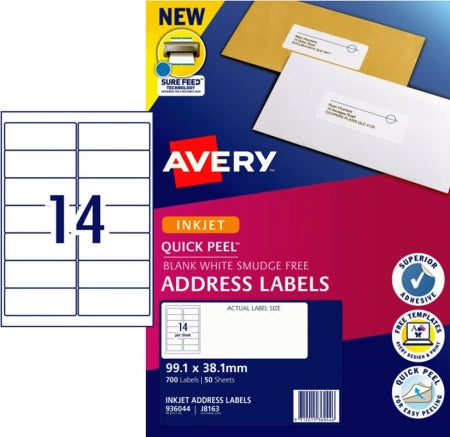 14UP AVERY Quick Peel Address labels with sure feed 99.1mm X 38.1mm 700 Labels/ 50 Sheets J8163