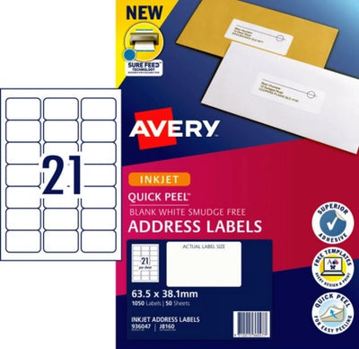 21UP AVERY J8160 Quick peel address labels with sure feed 63.5 x 38.1mm 1050 Labels/50 Sheets
