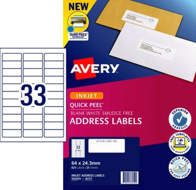 33UP AVERY J8157 White Quick Peel Address Labels Smudge free 64 x 24.3mm 825 Labels / 25 Sheets
