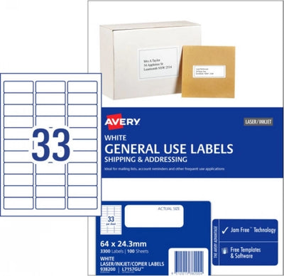 33UP AVERY L7157GU General Use Labels 64 x 24.3 mm 3300 Labels/100 Sheets