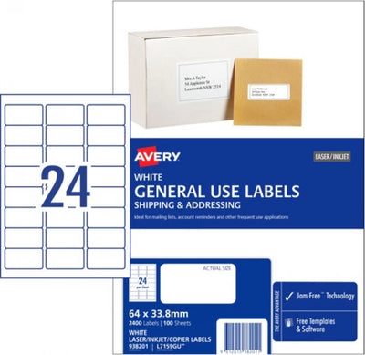 24UP AVERY General Use Labels 64 x 33.8 mm 2400 Labels/100 Sheets L7159GU