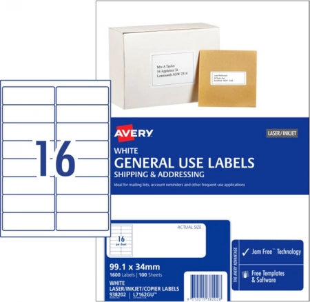 16UP AVERY General use Labels 99.1 x 34 mm 1600 Labels/100 Sheets L7162GU