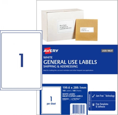 1UP AVERY L7167GU General Use Labels 199.6 x 289.1 mm 100 Labels/100 Sheets