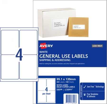 4UP AVERY General use labels 99.1 x 139 mm 400 Labels/100 Sheets  L7169GU