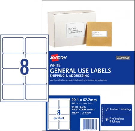 8UP AVERY General use Labels 99.1 x 67.7 mm 800 Labels/100 Sheets L7165GU